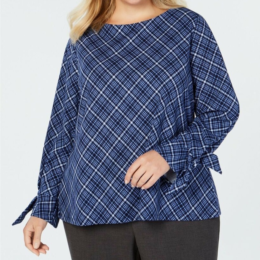 2X NWT Charter Club Blue Plaid Bell Sleeve Top